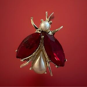 Vintage Elegant Gold and Red Insect Brooch